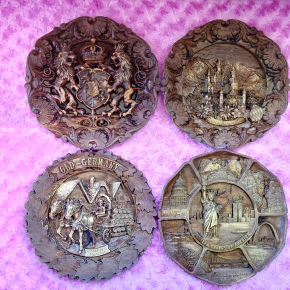 Vintage Western Germany 3D Resin Carved Round Wall Plaques set of 4
